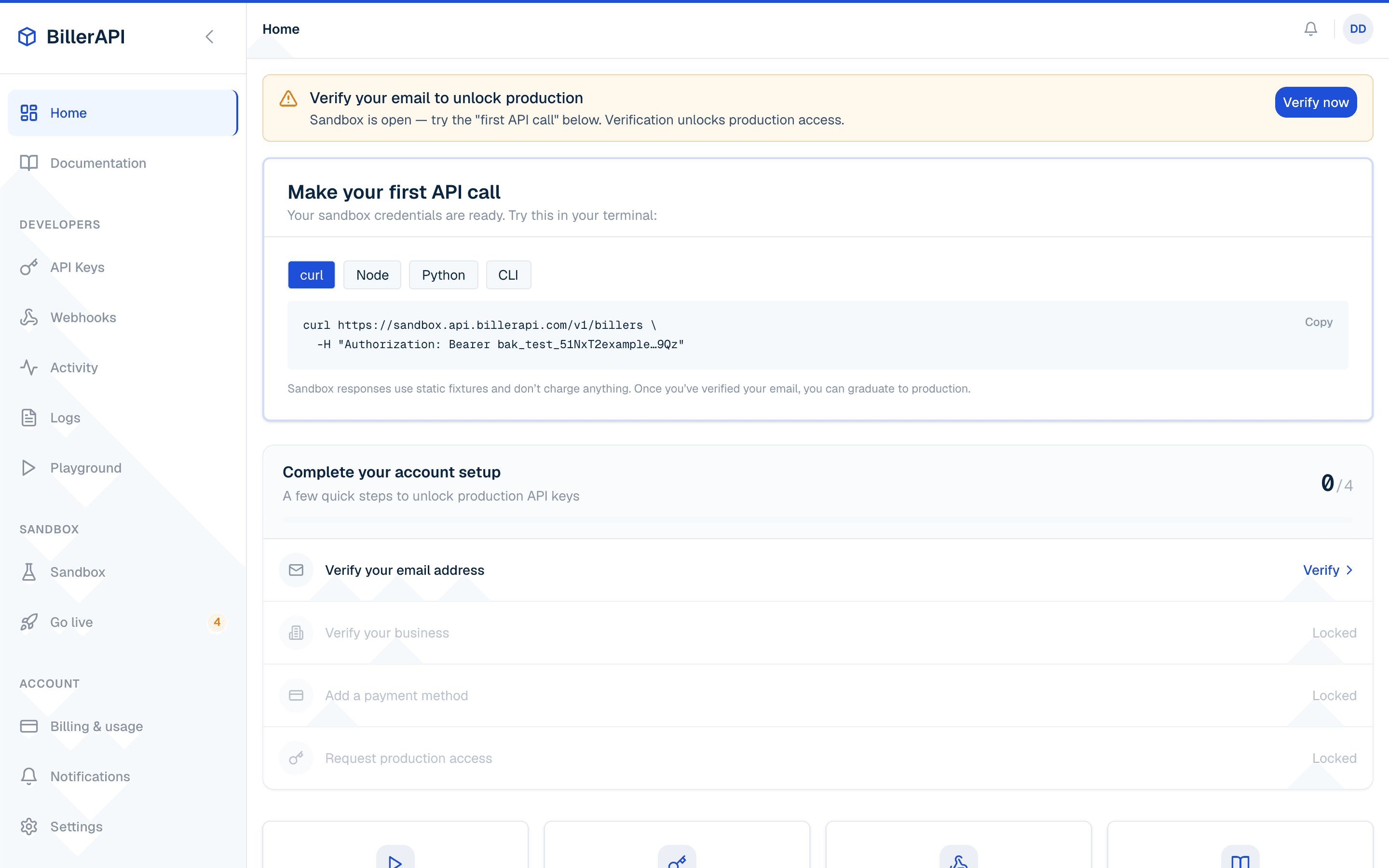 Client portal dashboard after signup, with the sandbox API key ready to copy